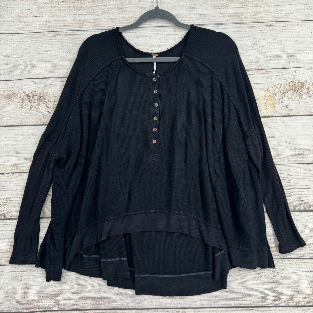 Free People Henley Top Womens Medium Black Waffle Knit Oversized Thermal